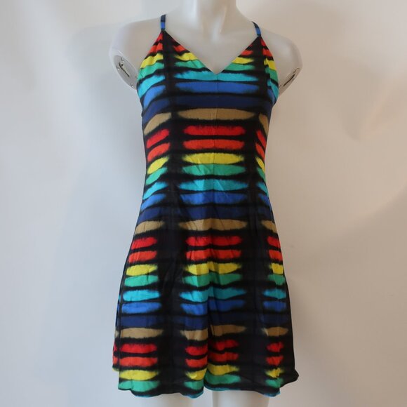 Women Alice + Olivia Rainbow Print Block Tie Dye Strappy Mini Dress 4 - Picture 4 of 10